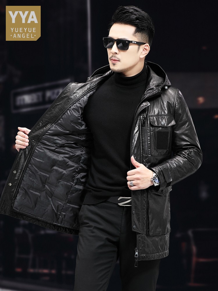Leather Work Jacket With Hood - Men Winter Warm Mid Long Oil