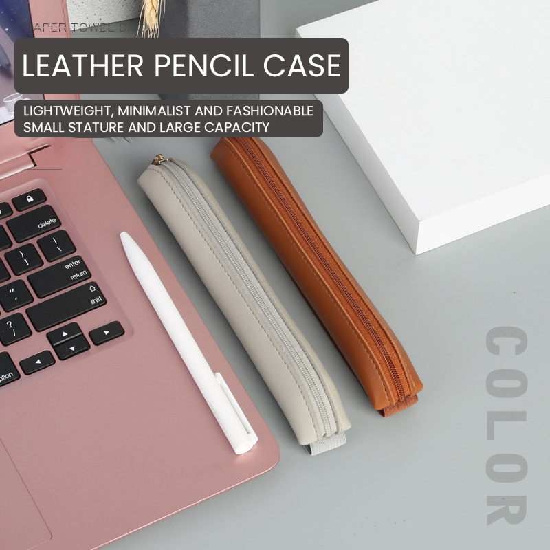 Leather Work Notepad - Pu Leather Pen Holder Zippered Pencil