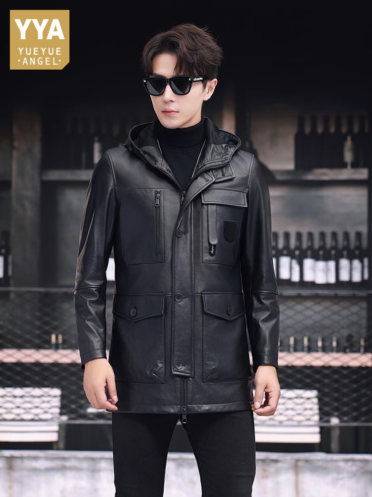Leather Work Jacket With Hood - Winter Business Men Work Mid Long