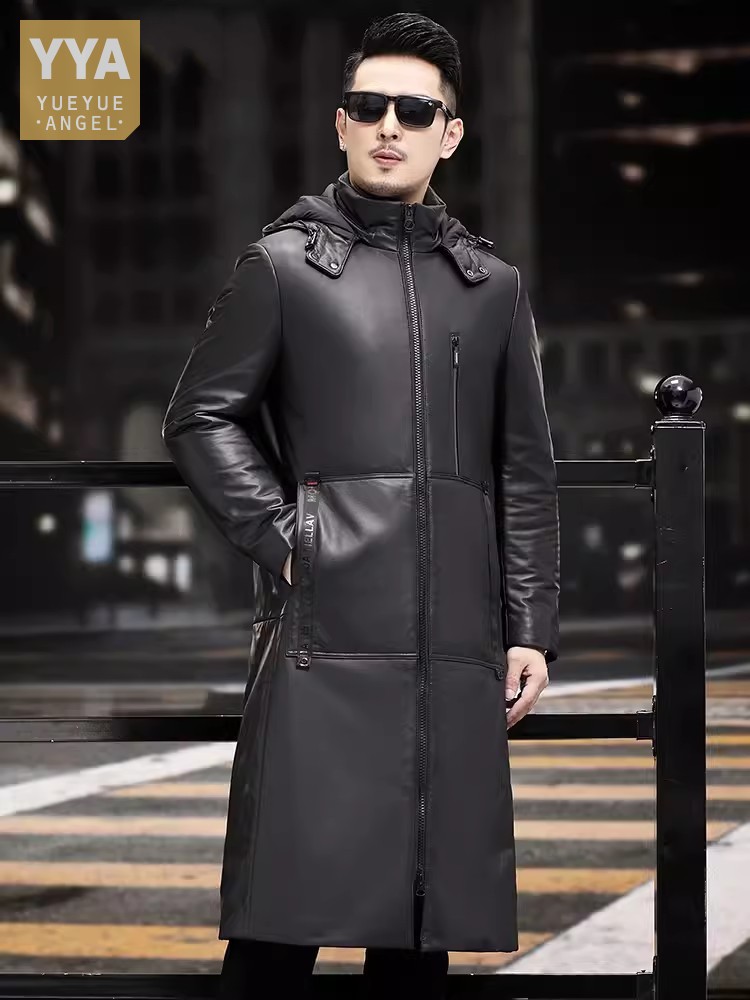 Leather Work Jacket With Hood - Winter Thick Warm Long Goose Down