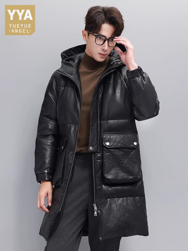 Leather Work Jacket With Hood - Winter Mens Warm Goose Down Jacket