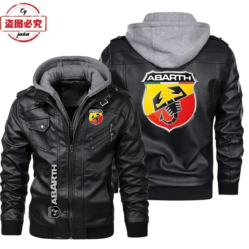 Leather Work Jacket With Hood - European Size Leather jacket ABARTH car