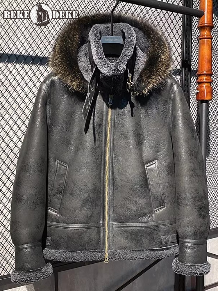 Leather Work Jacket With Hood - Men Winter Warm Wool Lining Sheepskin