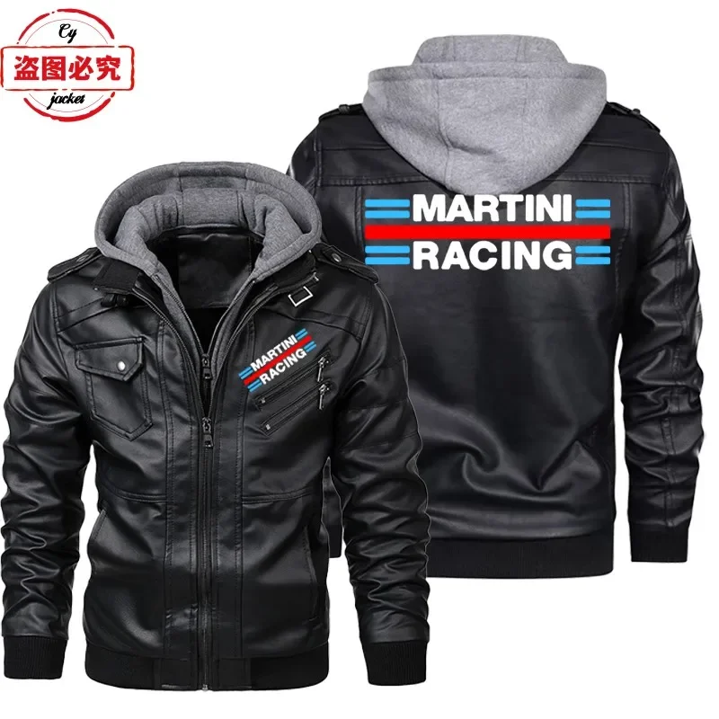 Leather Work Jacket With Hood - Martini Racing Logo Printed Racing Suit