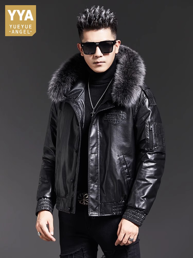 Leather Work Jacket With Hood - Fashion Mens Winter Fox Fur Collar
