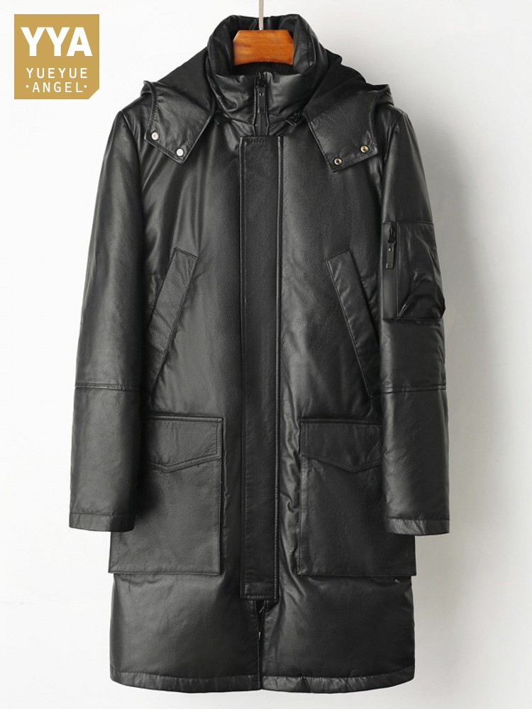 Leather Work Jacket With Hood - Winter Men Warm Cowhide Genuine Leather
