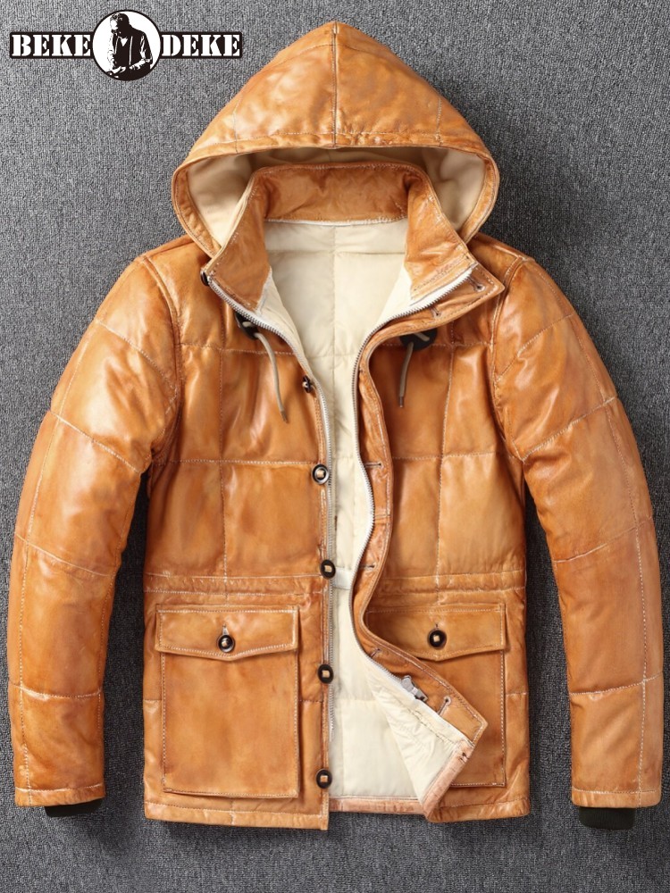 Winter Mens Sheepskin Genuine  - Leather Work Jacket With Hood 评论和价格