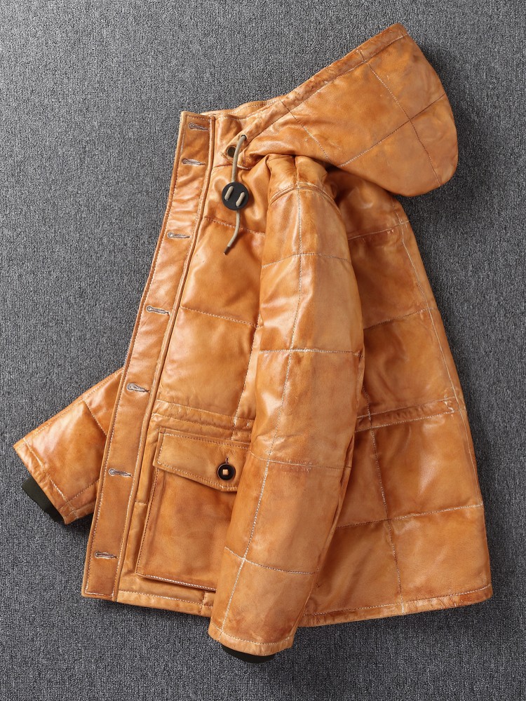 Winter Mens Sheepskin Genuine  - Leather Work Jacket With Hood 评论和价格