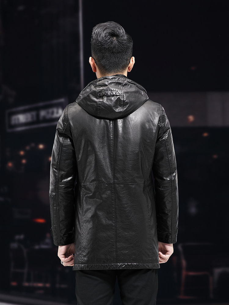 Men Winter Warm Mid Long Oil W - Leather Work Jacket With Hood 评论和价格