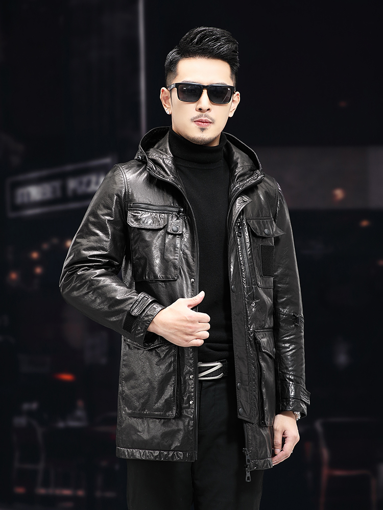 Men Winter Warm Mid Long Oil W - Leather Work Jacket With Hood 评论和价格