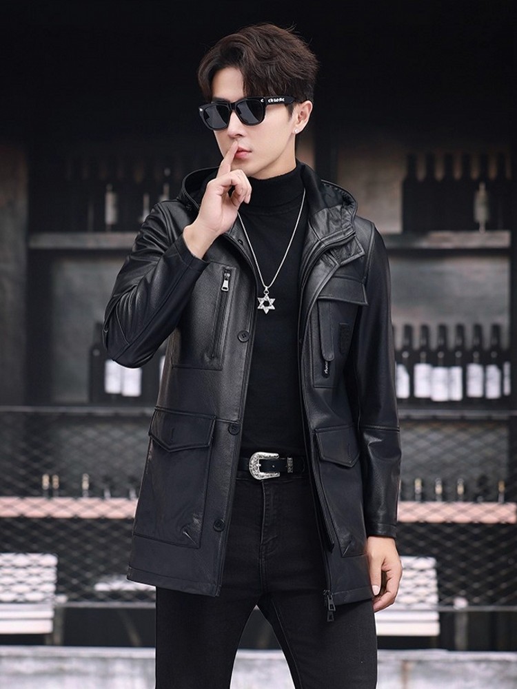 Winter Business Men Work Mid L - Leather Work Jacket With Hood 评论和价格