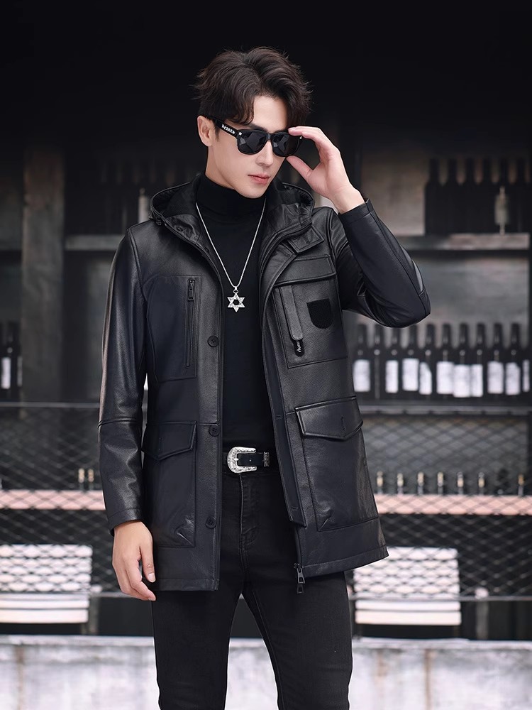 Winter Business Men Work Mid L - Leather Work Jacket With Hood 评论和价格