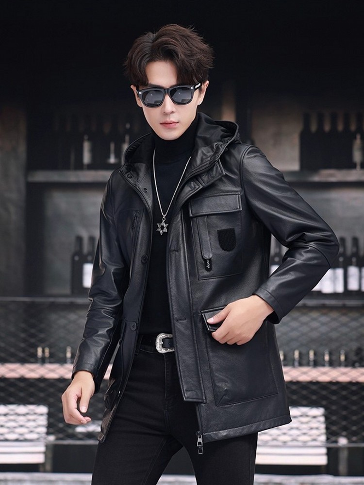 Winter Business Men Work Mid L - Leather Work Jacket With Hood 评论和价格