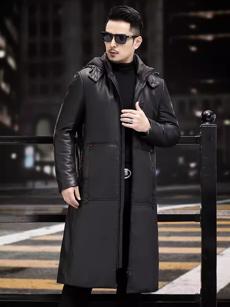Winter Thick Warm Long Goose D - Leather Work Jacket With Hood 评论和价格