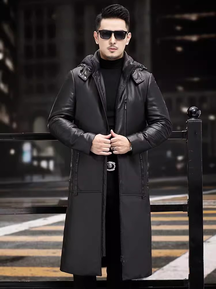 Winter Thick Warm Long Goose D - Leather Work Jacket With Hood 评论和价格