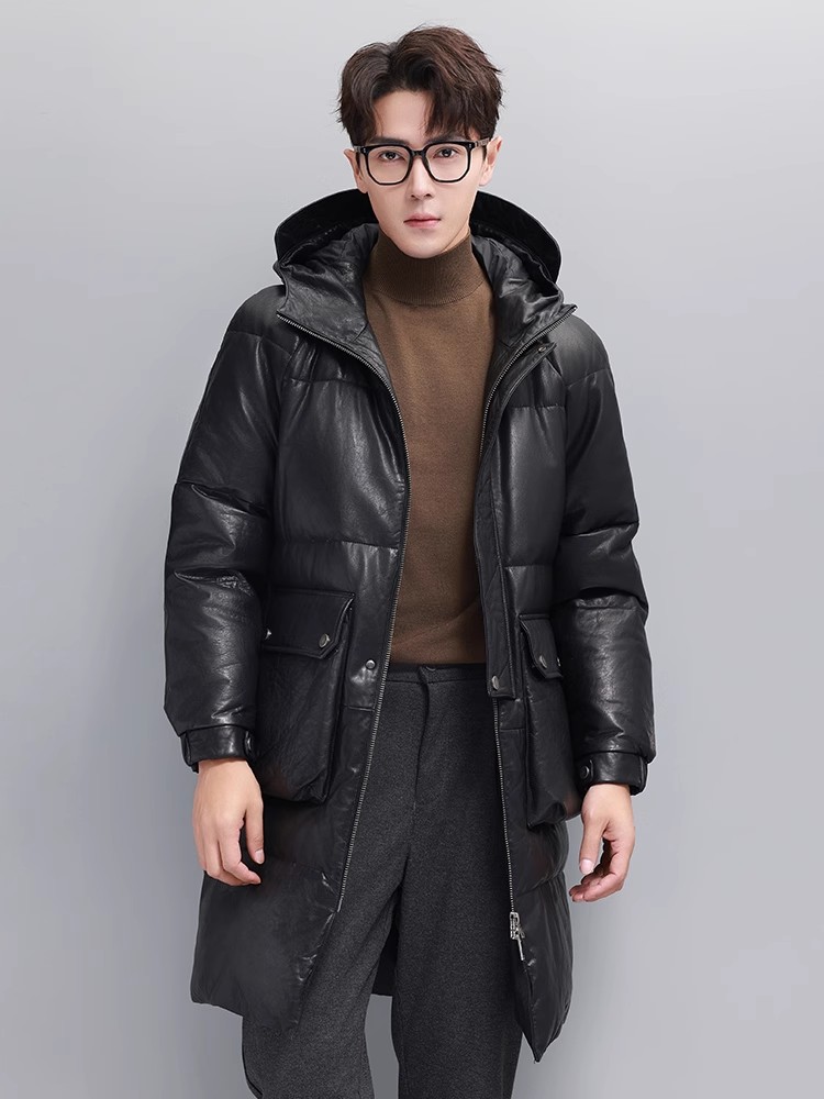 Winter Mens Warm Goose Down Ja - Leather Work Jacket With Hood 评论和价格