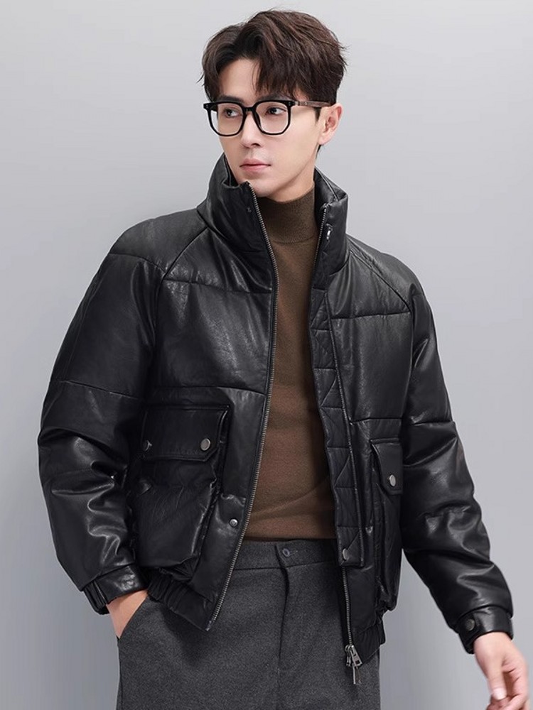 Winter Mens Warm Goose Down Ja - Leather Work Jacket With Hood 评论和价格