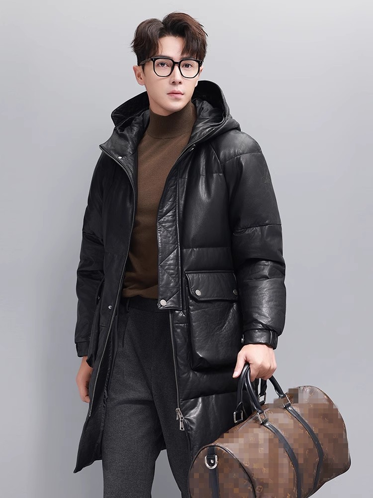Winter Mens Warm Goose Down Ja - Leather Work Jacket With Hood 评论和价格