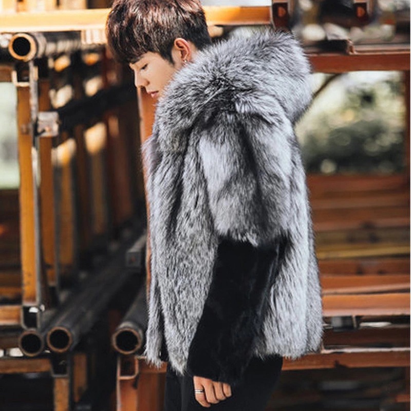 2026 Men Faux Fur Fox Coats Sh - Leather Work Jacket With Hood 评论和价格