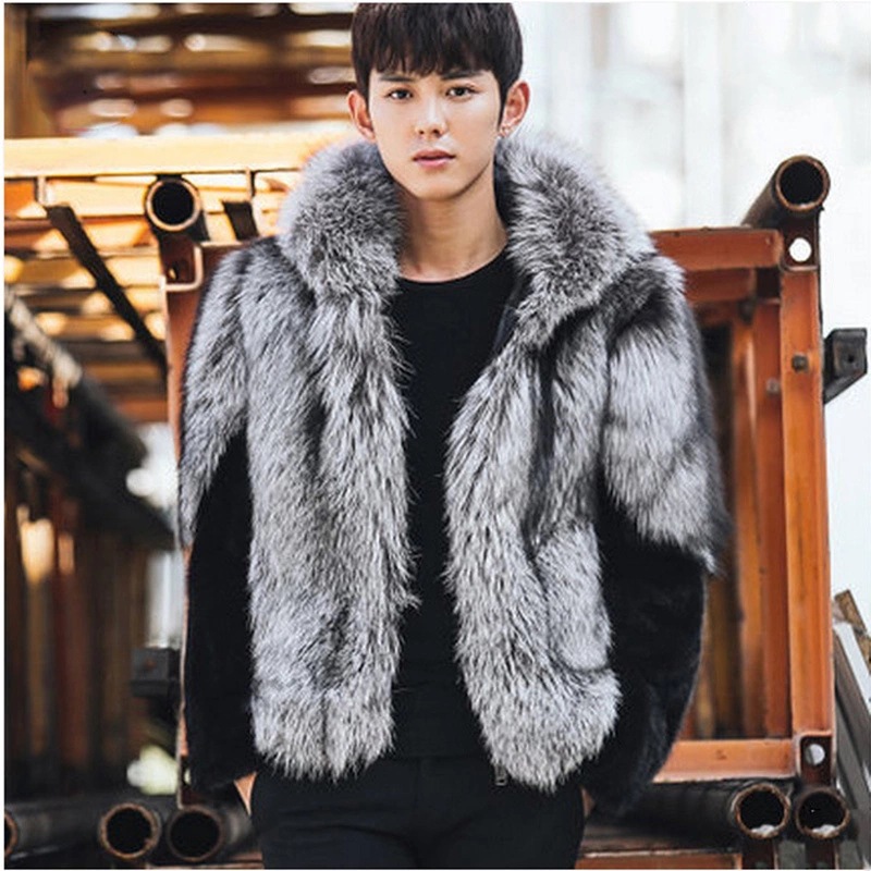 2026 Men Faux Fur Fox Coats Sh - Leather Work Jacket With Hood 评论和价格