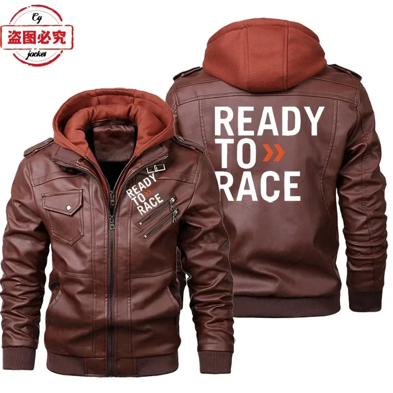Ready To Race Logo Printed Off - Leather Work Jacket With Hood 评论和价格