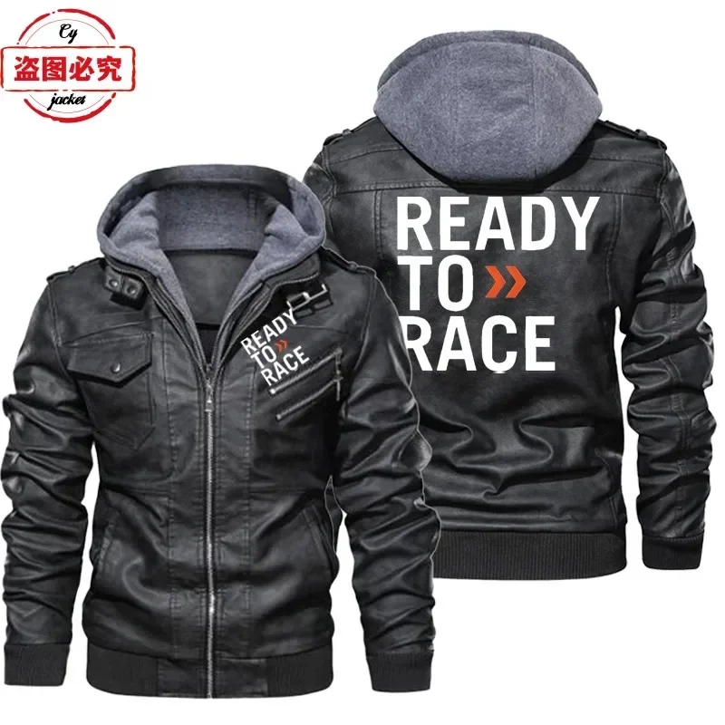 Ready To Race Logo Printed Off - Leather Work Jacket With Hood 评论和价格
