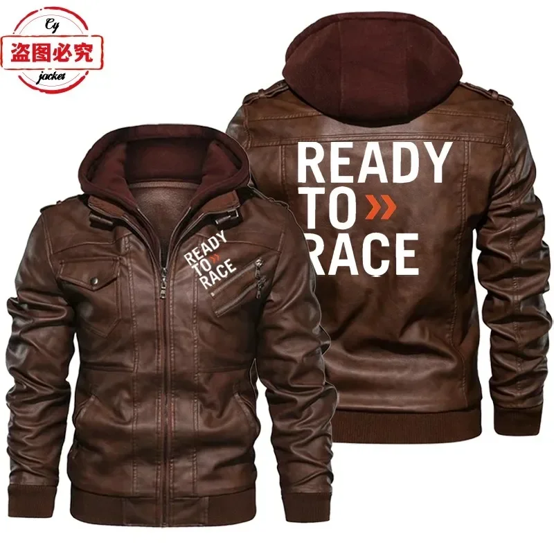 Ready To Race Logo Printed Off - Leather Work Jacket With Hood 评论和价格