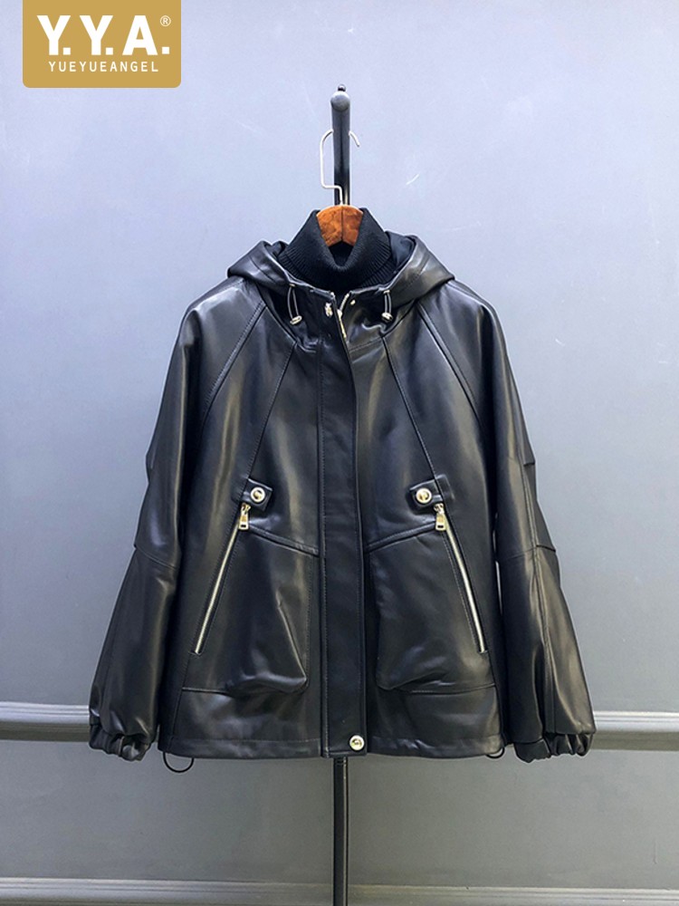 Hot Sale Autumn Women Natural  - Leather Work Jacket With Hood 评论和价格