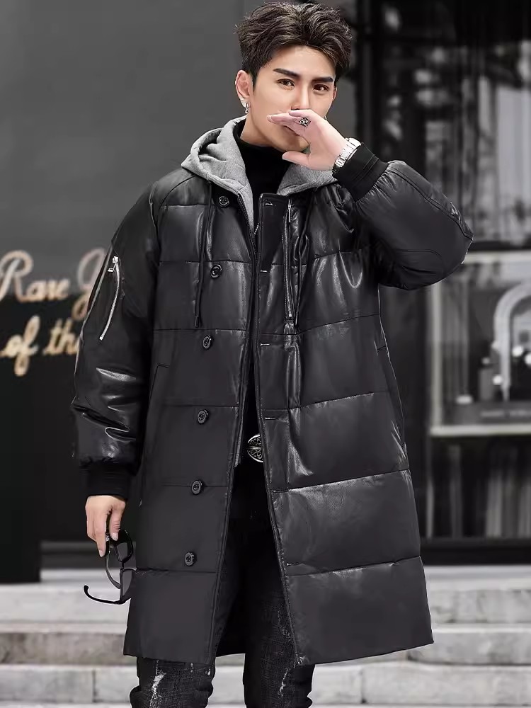 Winter New Men Hooded Long Gen - Leather Work Jacket With Hood 评论和价格