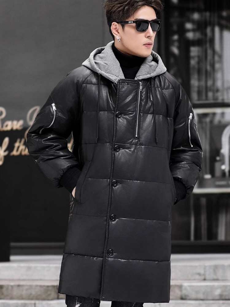 Winter New Men Hooded Long Gen - Leather Work Jacket With Hood 评论和价格