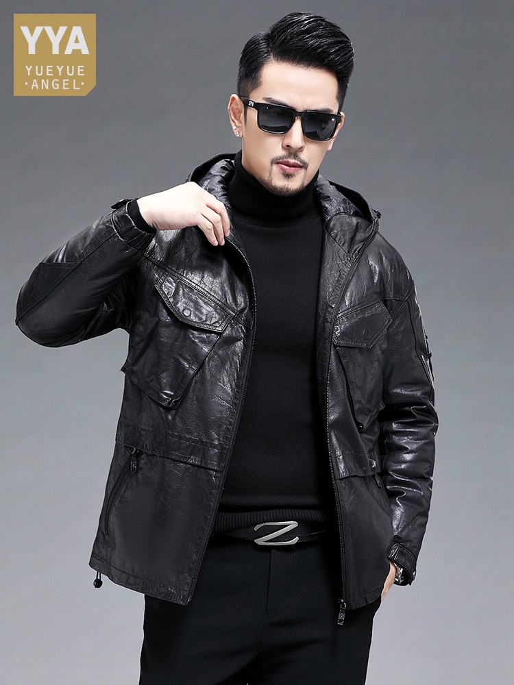 Winter Men Warm Real Goatskin  - Leather Work Jacket With Hood 评论和价格