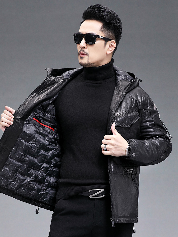 Winter Men Warm Real Goatskin  - Leather Work Jacket With Hood 评论和价格