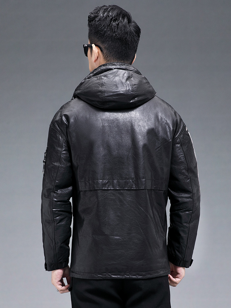 Winter Men Warm Real Goatskin  - Leather Work Jacket With Hood 评论和价格