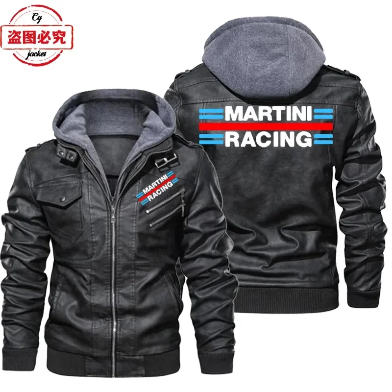 Martini Racing Logo Printed Ra - Leather Work Jacket With Hood 评论和价格