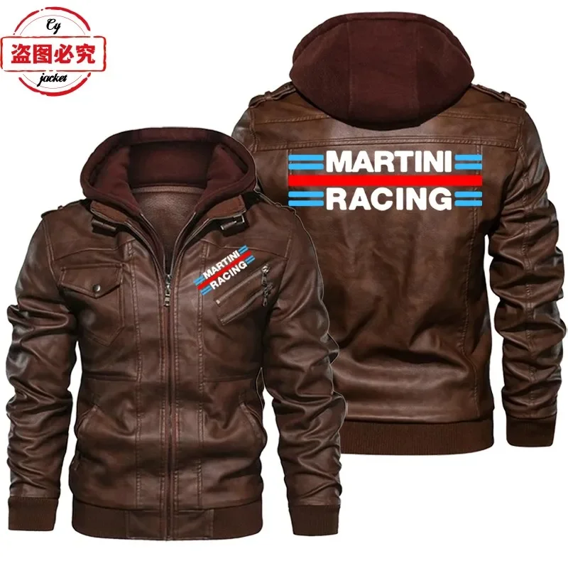 Martini Racing Logo Printed Ra - Leather Work Jacket With Hood 评论和价格