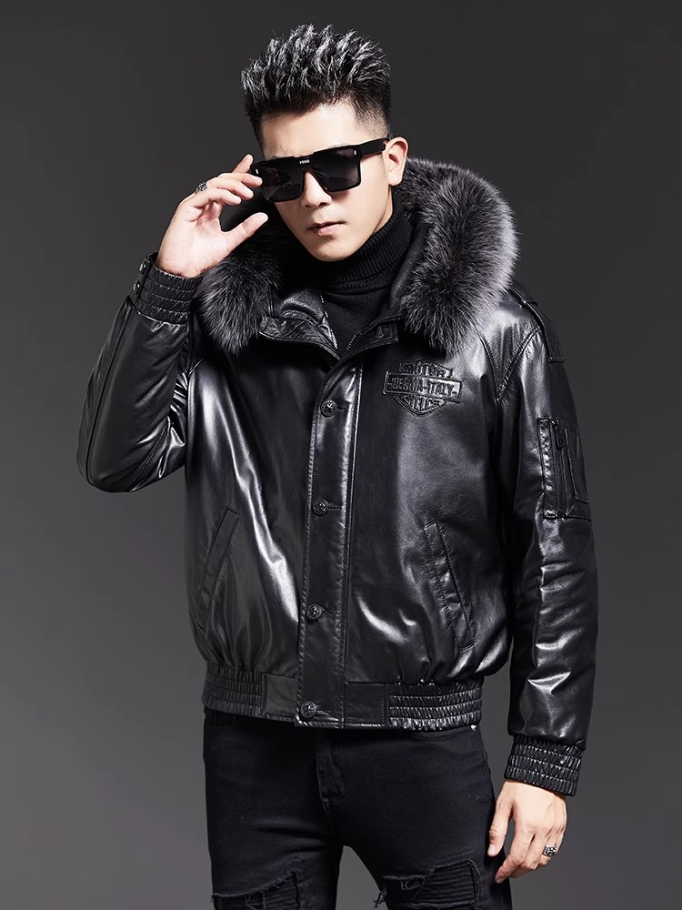Fashion Mens Winter Fox Fur Co - Leather Work Jacket With Hood 评论和价格