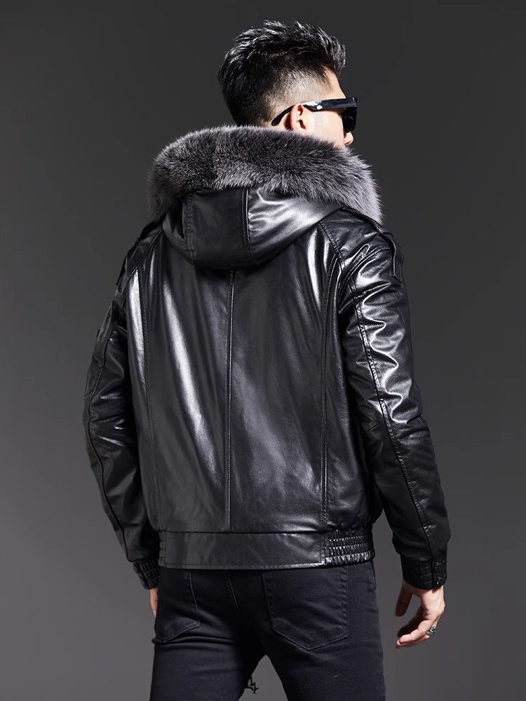 Fashion Mens Winter Fox Fur Co - Leather Work Jacket With Hood 评论和价格
