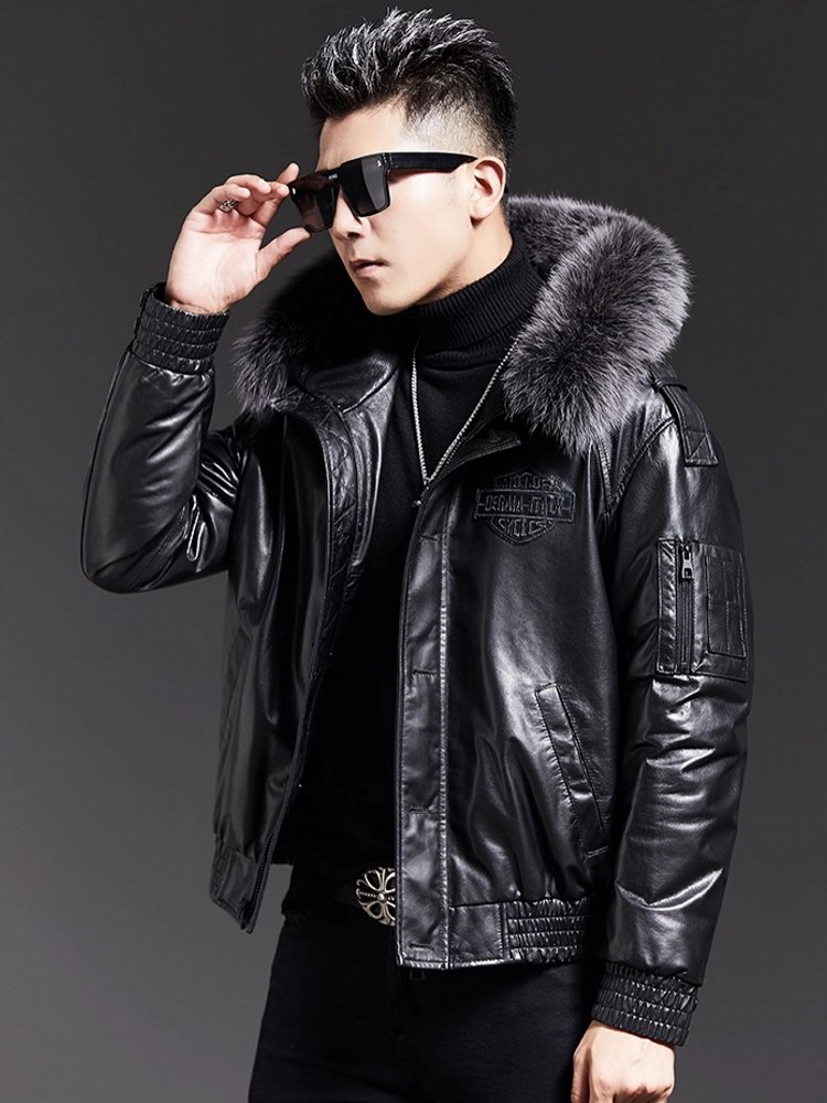 Fashion Mens Winter Fox Fur Co - Leather Work Jacket With Hood 评论和价格