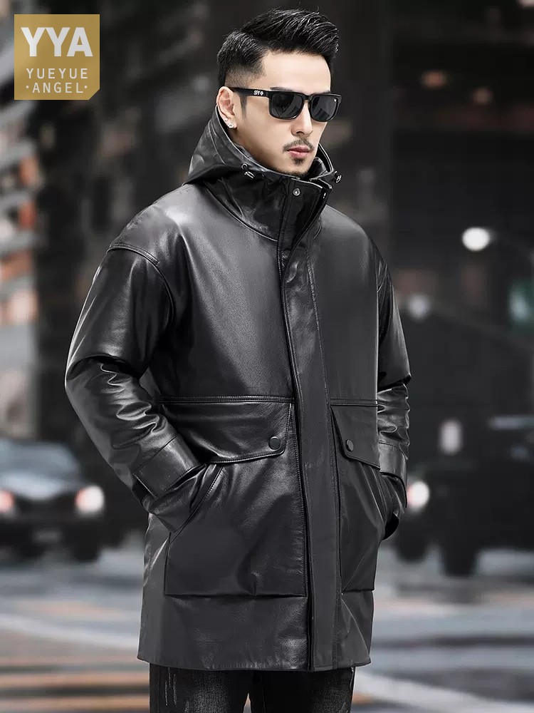 Winter Men Warm Work Down Jack - Leather Work Jacket With Hood 评论和价格